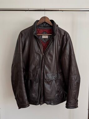 Dark Brown Leather Bomber Jacket with Quilted Red Lining